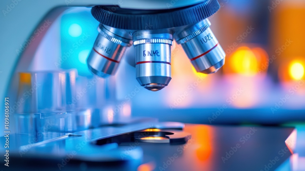 Modern Microscope with Bright Laboratory Background Modern Microscope with Bright Laboratory Background