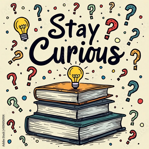 Stay Curious: Books, Light Bulbs, and Question Marks Doodle Design