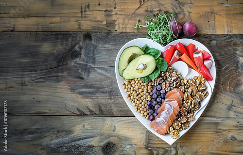 A heart-shaped plate full of nutritious foods on a wooden background. Perfect for promoting well-being, a balanced diet.