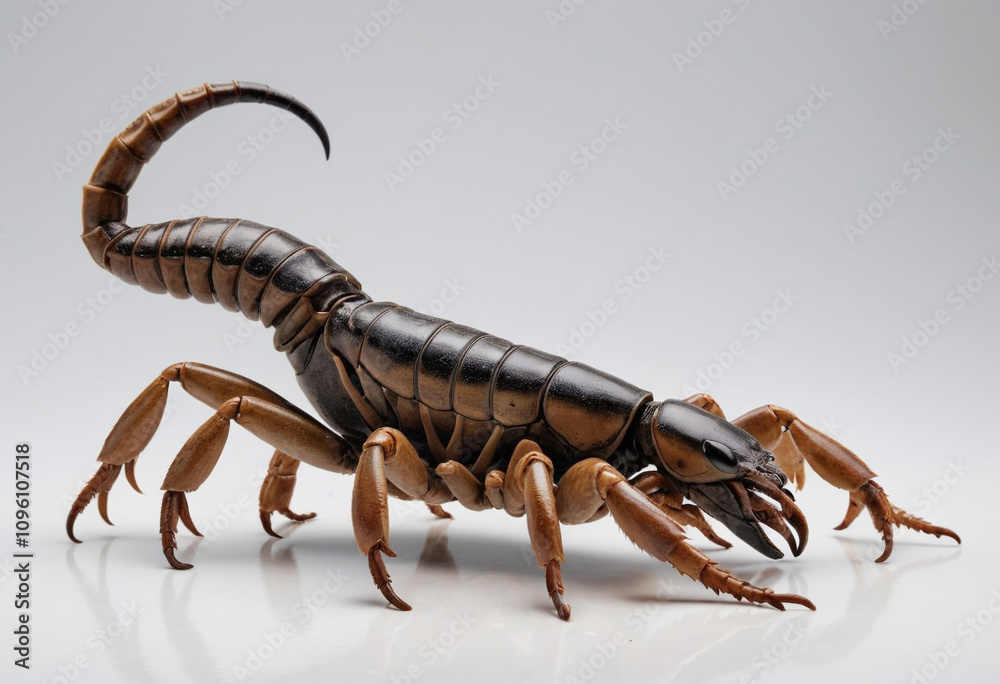 standard Scorpion right side view. Full figure visible, flat white background, no shadows, head and legs visible, ultra detailed, photorealistic 400mm lens, low angle standard Scorpion right side view. Full figure visible, flat white background, no shadows, head and legs visible, ultra detailed, photorealistic 400mm lens, low angle