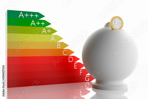 Illustrazione 3D. Classe di efficienza energetica. Risparmio energetico. All'aumentare della classe di risparmio energetico di elettrodomestici aumenta il risparmio di denaro