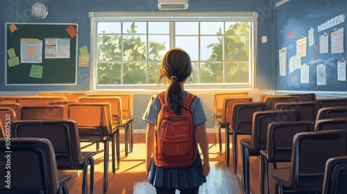 Young girl entering the classroom on the first day of school.