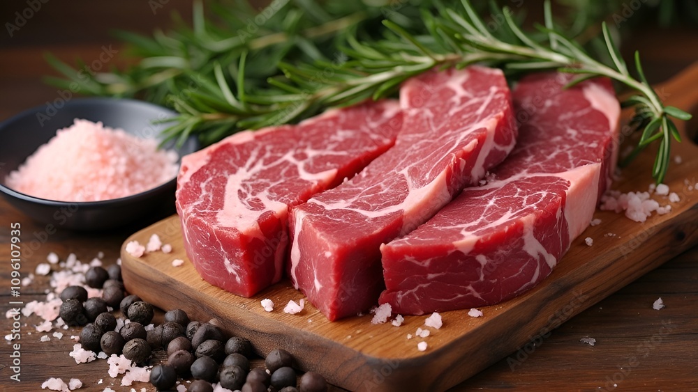 Raw beef steaks on a wooden board with pink salt, peppercorns, and rosemary. Concept: fresh ingredients, culinary preparation Raw beef steaks on a wooden board with pink salt, peppercorns, and rosemary. Concept: fresh ingredients, culinary preparation