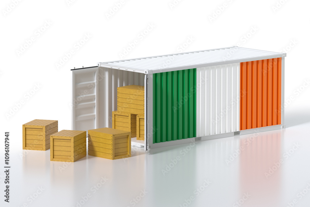 Obraz premium Cargo Container with Ireland Flag Being Unloaded with Wooden Crates on White Background