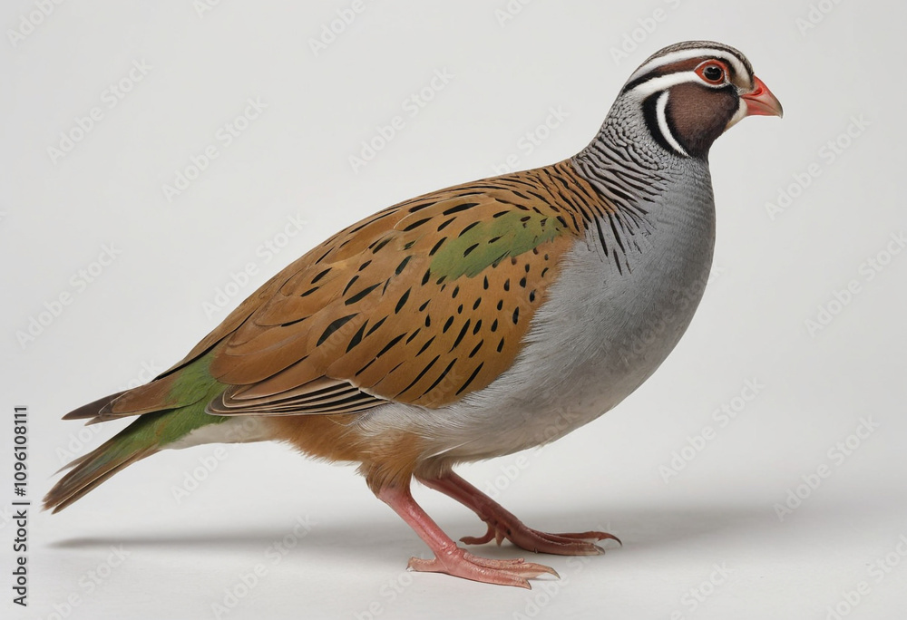Obraz premium standard Green-legged partridge right side view. Full figure visible, flat white background, no shadows, head and legs visible, ultra detailed, photorealistic 400mm lens, low angle 