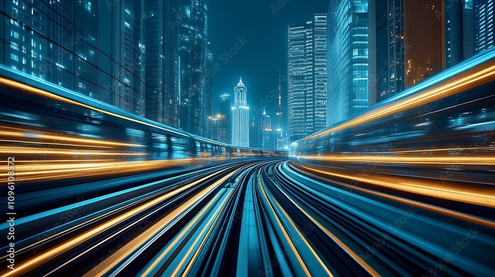 Obraz premium High Speed Motion Blur Cityscape with Neon Light Trails at Night : Generative AI