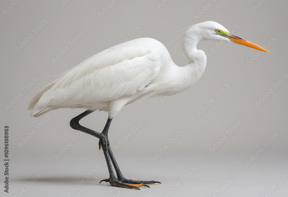 standard Egret right side view. Full figure visible, flat white background, no shadows, head and legs visible, ultra detailed, photorealistic 400mm lens, low angle standard Egret right side view. Full figure visible, flat white background, no shadows, head and legs visible, ultra detailed, photorealistic 400mm lens, low angle