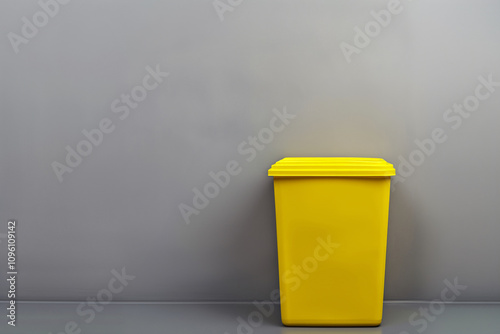 Yellow recycling bin next to a grey wall. Virus, bacteria or germs contaminants on yellow trash can. Distribution of germs. Copy space.