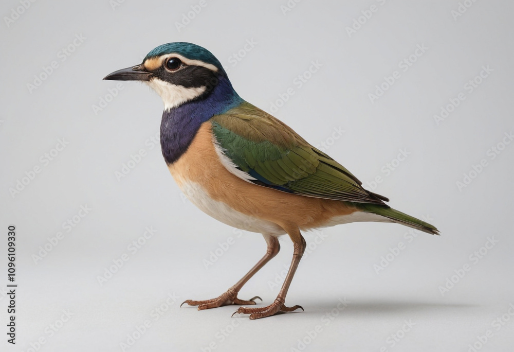 Obraz premium standard Pitta right side view. Full figure visible, flat white background, no shadows, head and legs visible, ultra detailed, photorealistic 400mm lens, low angle 