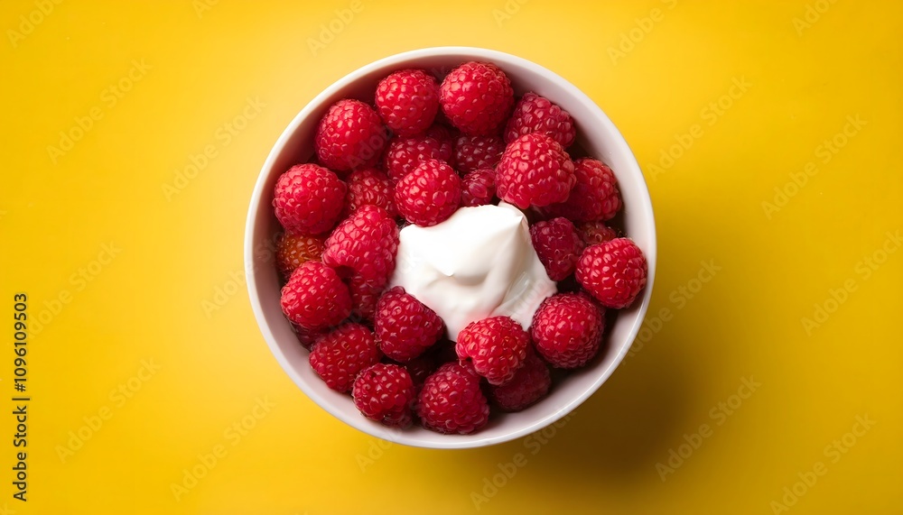 Isolated red raspberry fruit & white cream bowl on solid yellow background. Healthy nutrition fruits food png cutout mockup Isolated red raspberry fruit & white cream bowl on solid yellow background. Healthy nutrition fruits food png cutout mockup