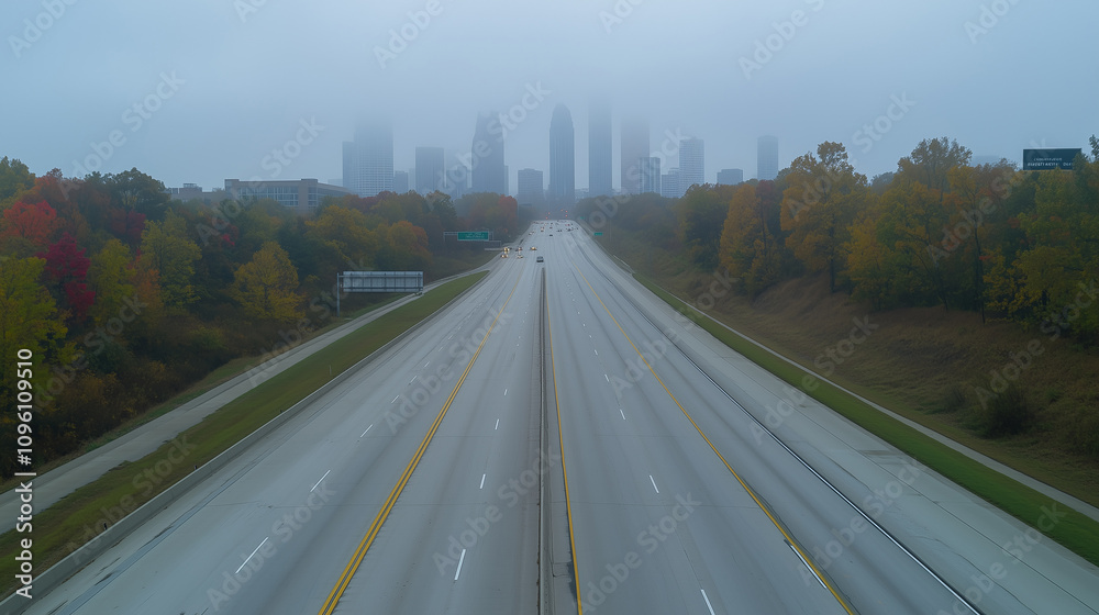 Fototapeta premium Foggy highway express lane during early morning, with distant city skyline barely visible through mist. A serene and vast roadway stretching towards the horizon, evoking solitude and tranquility.