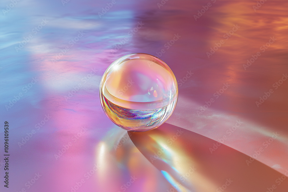 Semi-transparent, iridescent glass sphere on a simple metallic surface, reflecting neon colors, minimal background.
Semi-transparent, iridescent glass sphere on a simple metallic surface, reflecting neon colors, minimal background.