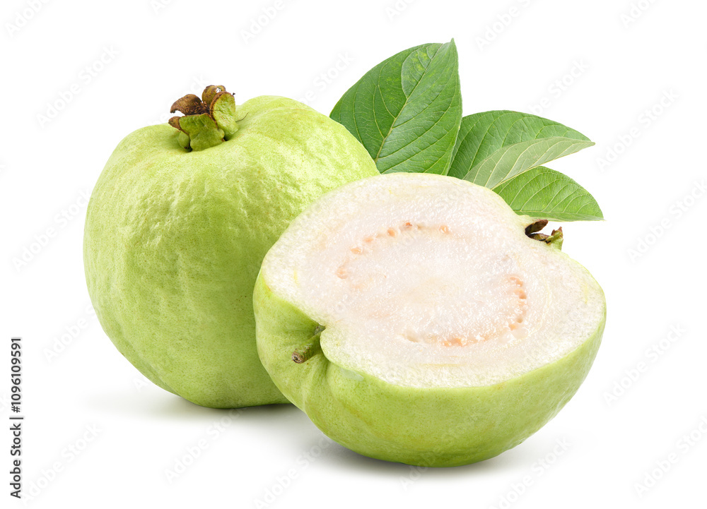 Fresh Guava fruit with cut in half isolated on white background. Clipping path. Fresh Guava fruit with cut in half isolated on white background. Clipping path.