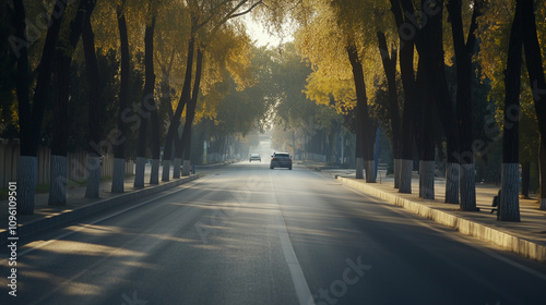 Foggy highway express lane during early morning, with distant city skyline barely visible through mist. A serene and vast roadway stretching towards the horizon, evoking solitude and tranquility.