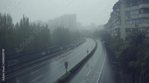 Empty express highway lane at dawn with a foggy atmosphere and distant city skyline, emphasizing solitude and vastness of the scene. Early morning urban landscape with mist-covered horizon.