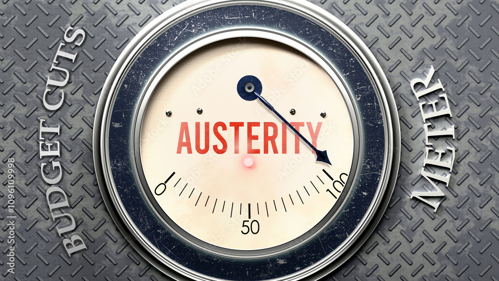 Austerity and Budget Cuts that is hitting a full scale, showing a very high level of austerity, overload of it, too much of it. Maximum value, off the charts. ,3d illustration Austerity and Budget Cuts that is hitting a full scale, showing a very high level of austerity, overload of it, too much of it. Maximum value, off the charts. ,3d illustration
