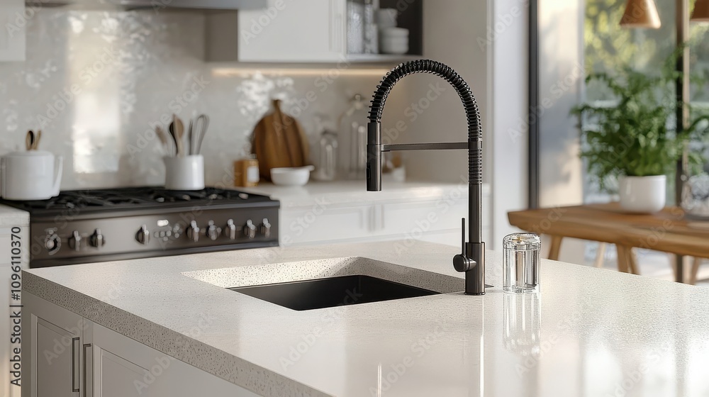 Modern Kitchen Sink with Matte Black Gooseneck Faucet and Quartz Countertop in a Bright, Sunlit Room Modern Kitchen Sink with Matte Black Gooseneck Faucet and Quartz Countertop in a Bright, Sunlit Room