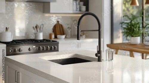 Modern Kitchen Sink with Matte Black Gooseneck Faucet and Quartz Countertop in a Bright, Sunlit Room