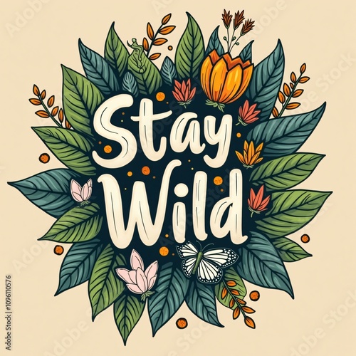 Stay Wild Floral & Leaves T-Shirt Design photo