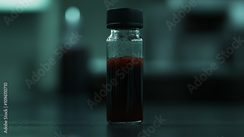 A glass vial filled with a dark red liquid sits on a dark surface.