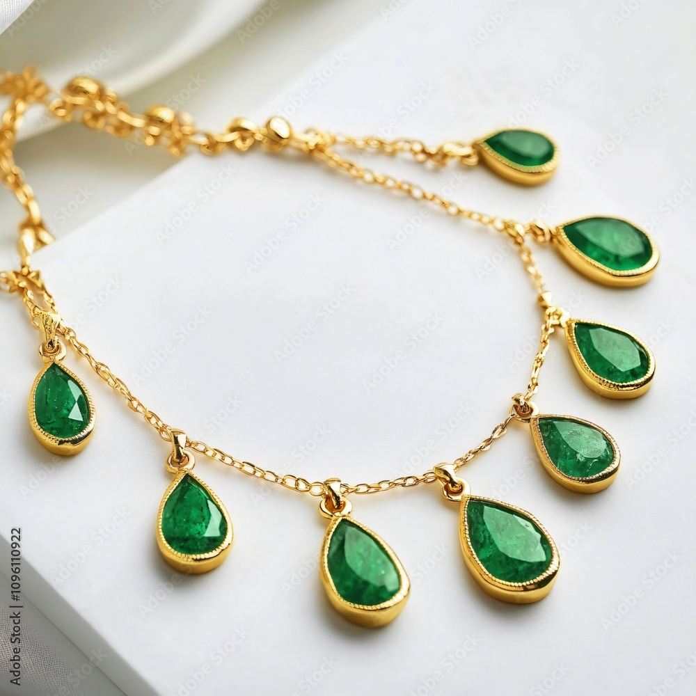 A striking gold necklace adorned with exquisite green gemstones, featuring a delicate design that enhances its elegance and beauty. A striking gold necklace adorned with exquisite green gemstones, featuring a delicate design that enhances its elegance and beauty.