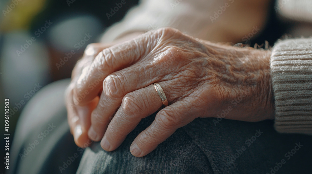 Fototapeta premium Clients hand resting gently on their lap, showcasing warmth and reflection in a serene environment during a sunny afternoon