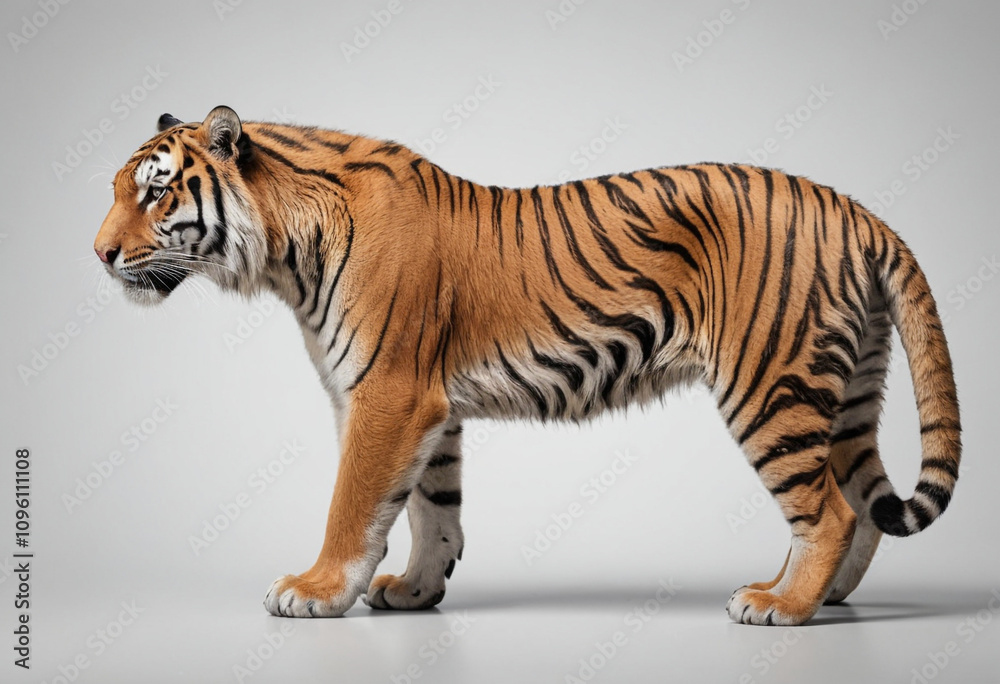 Obraz premium standard Tiger right side view. Full figure visible, flat white background, no shadows, head and legs visible, ultra detailed, photorealistic 400mm lens, low angle