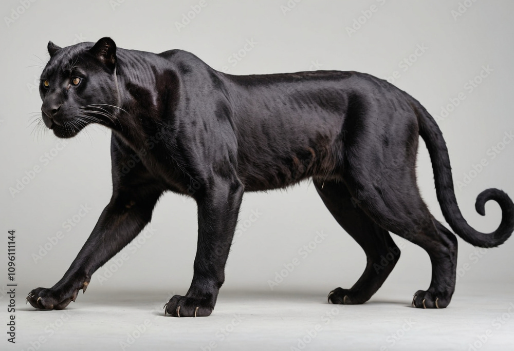 standard Black Panther right side view. Full figure visible, flat white background, no shadows, head and legs visible, ultra detailed, photorealistic 400mm lens, low angle standard Black Panther right side view. Full figure visible, flat white background, no shadows, head and legs visible, ultra detailed, photorealistic 400mm lens, low angle