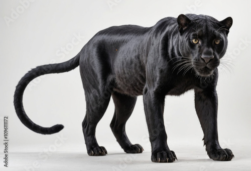  standard Black Panther right side view. Full figure visible, flat white background, no shadows, head and legs visible, ultra detailed, photorealistic 400mm lens, low angle  photo