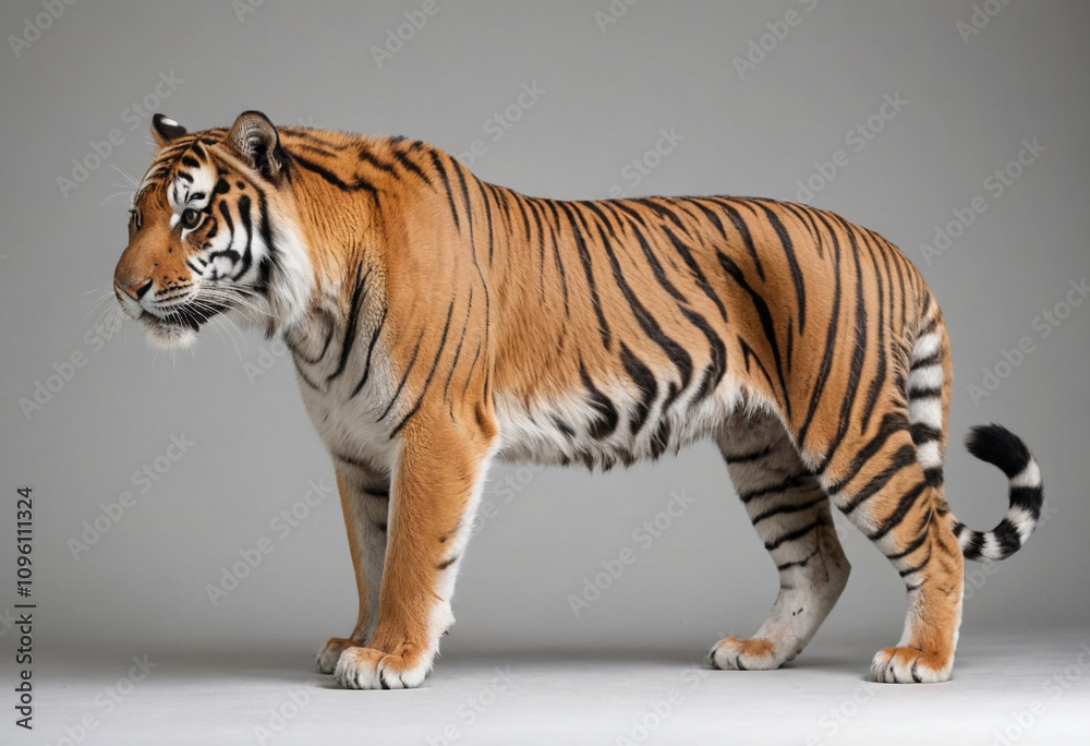 Obraz premium standard Bengal tiger right side view. Full figure visible, flat white background, no shadows, head and legs visible, ultra detailed, photorealistic 400mm lens, low angle 