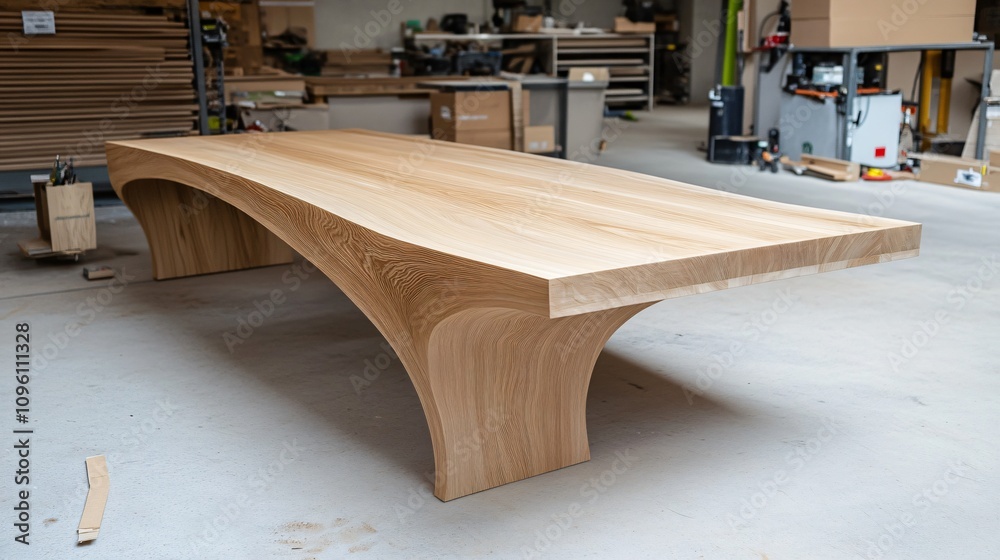 A modern wooden table with a sleek design, showcasing graceful curves and a polished surface, set in a workshop environment. A modern wooden table with a sleek design, showcasing graceful curves and a polished surface, set in a workshop environment.