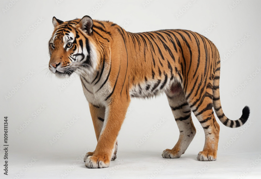 Obraz premium standard Bengal tiger right side view. Full figure visible, flat white background, no shadows, head and legs visible, ultra detailed, photorealistic 400mm lens, low angle 