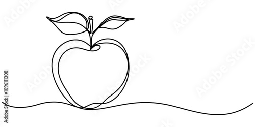 A simple continuous line drawing of an apple on a uniform white background, Continuous one single line art drawing of apples icon organic food vector, continuous line drawing of apple fruit. one line 