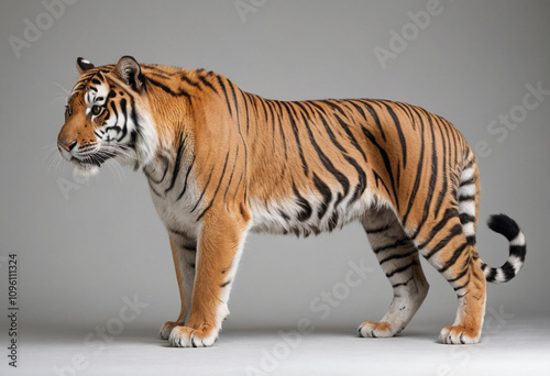  standard Bengal tiger right side view. Full figure visible, flat white background, no shadows, head and legs visible, ultra detailed, photorealistic 400mm lens, low angle  photo