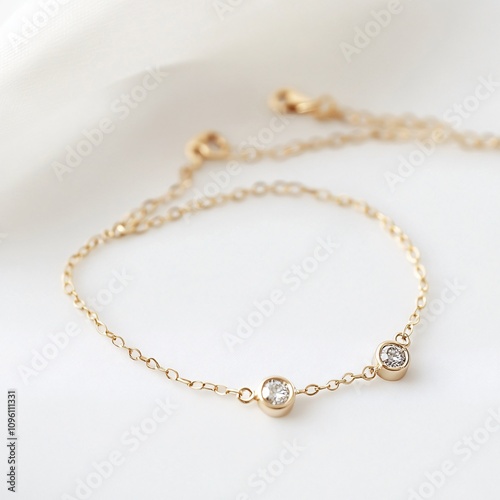 A delicate gold bracelet featuring two sparkling gemstones, perfect for adding a touch of elegance to any outfit.