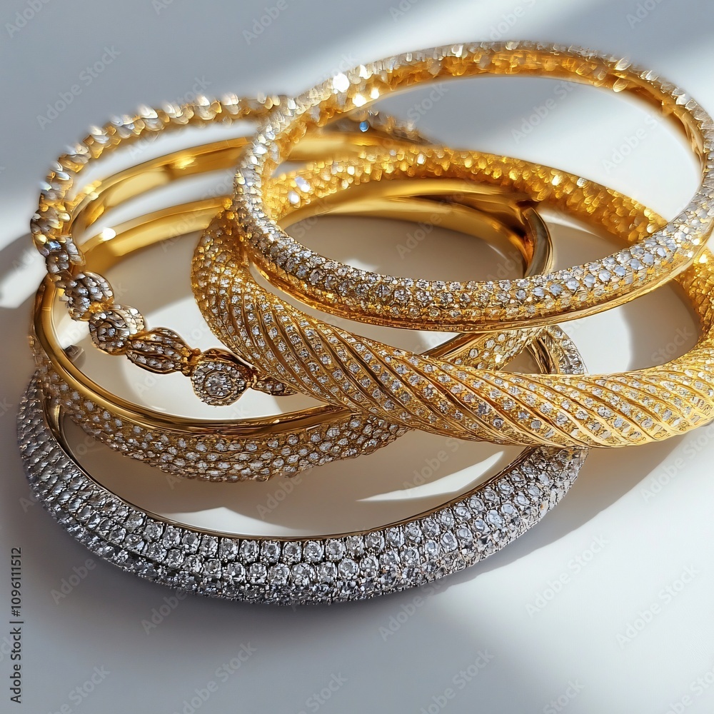 A collection of elegant bangles featuring intricate designs and sparkling embellishments, showcasing a mix of gold and silver tones. A collection of elegant bangles featuring intricate designs and sparkling embellishments, showcasing a mix of gold and silver tones.