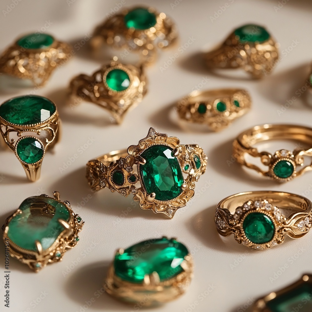 A collection of elegant gold rings featuring vibrant green gemstones, showcasing intricate designs and luxury. A collection of elegant gold rings featuring vibrant green gemstones, showcasing intricate designs and luxury.