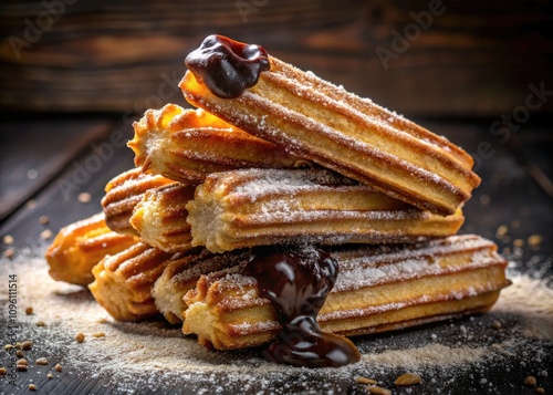 Golden Churros with Chocolate: Delicious Dessert Photography, Sweet Treat Food Image, Crispy Churro Recipe photo