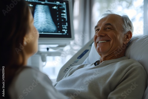 Medical Professional Smiling While Performing Ultrasound Scan on Elderly Male Patient in a Calm Healthcare Setting
