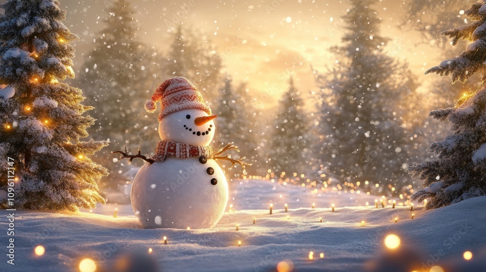 Fototapeta premium Snowman Standing in a Snowy Forest with Christmas Lights