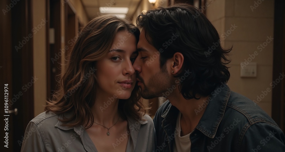 Fototapeta premium Intimate couple sharing a kiss in a cozy hallway with warm lighting and soft focus