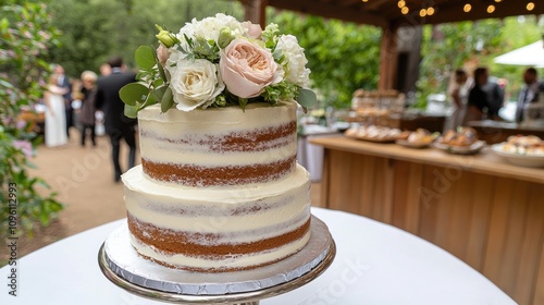 Wedding celebration cake with floral decoration outdoor venue photography elegant setting romantic atmosphere
