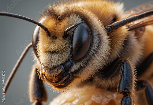  hyper-realistic photo of macro face of Bee . Detailed. From above. Side view. National geographic. Morning light. 50 Zeiss lens. Telephoto lens. 