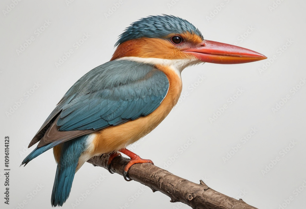 Fototapeta premium standard Strork billed Kingfisher right side view. Full figure visible, flat white background, no shadows, head and legs visible, ultra detailed, photorealistic 400mm lens, low angle 