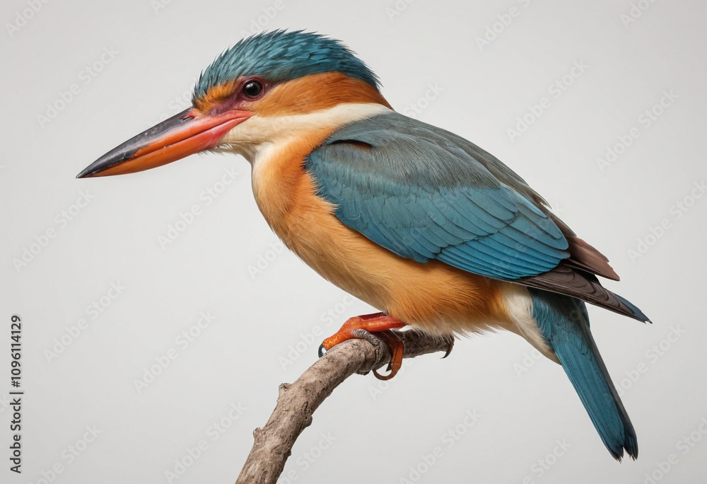 Fototapeta premium standard Strork billed Kingfisher right side view. Full figure visible, flat white background, no shadows, head and legs visible, ultra detailed, photorealistic 400mm lens, low angle 