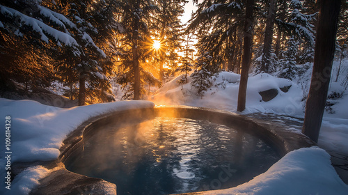 Outdoor hot springs surrounded by snow photo