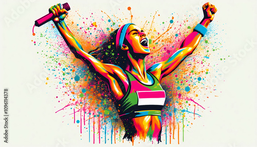 A female relay runner celebrating with a baton, surrounded by vibrant colorful paint splashes
