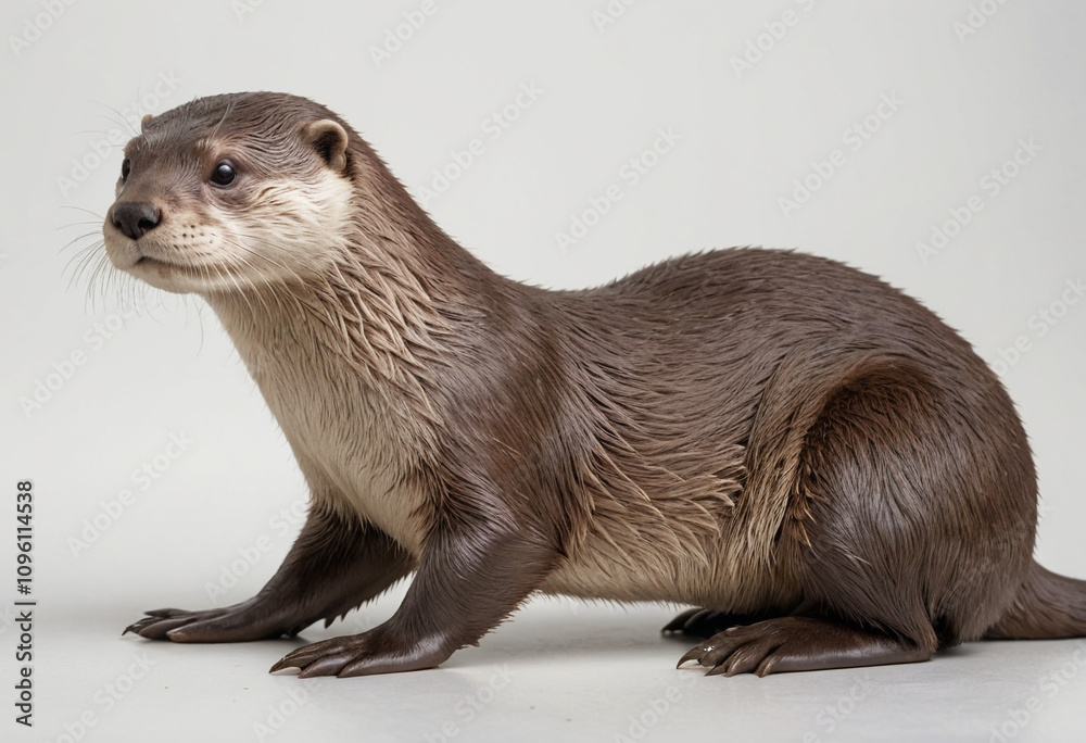 standard Otter right side view. Full figure visible, flat white background, no shadows, head and legs visible, ultra detailed, photorealistic 400mm lens, low angle standard Otter right side view. Full figure visible, flat white background, no shadows, head and legs visible, ultra detailed, photorealistic 400mm lens, low angle
