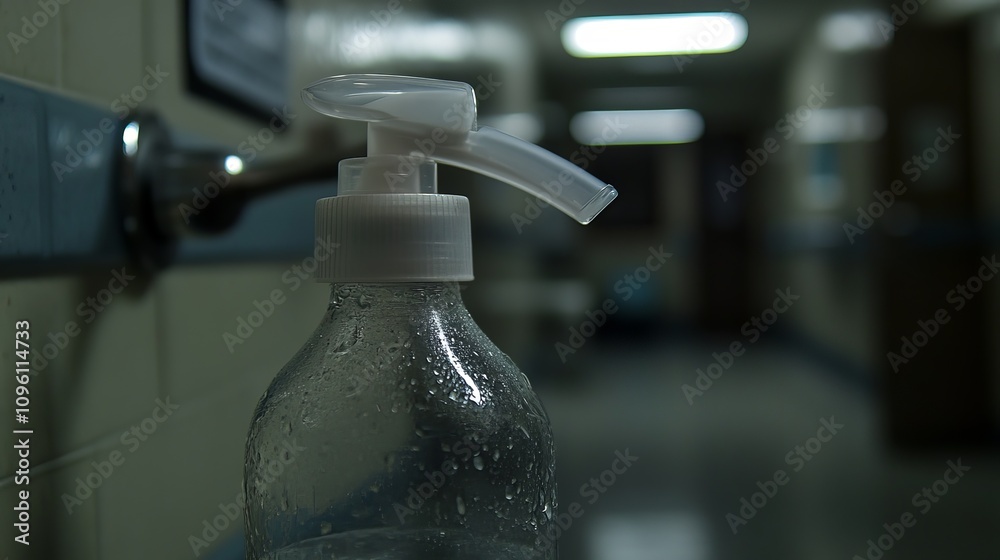A close-up of a hand sanitizer dispenser in a hallway. The bottle is wet and the background is blurred. A close-up of a hand sanitizer dispenser in a hallway. The bottle is wet and the background is blurred.