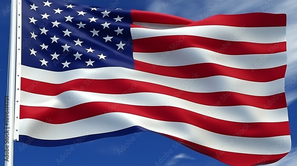 Vibrant American Flag Waving Against a Backdrop of Clouds and Clear Blue Sky : Generative AI Vibrant American Flag Waving Against a Backdrop of Clouds and Clear Blue Sky : Generative AI